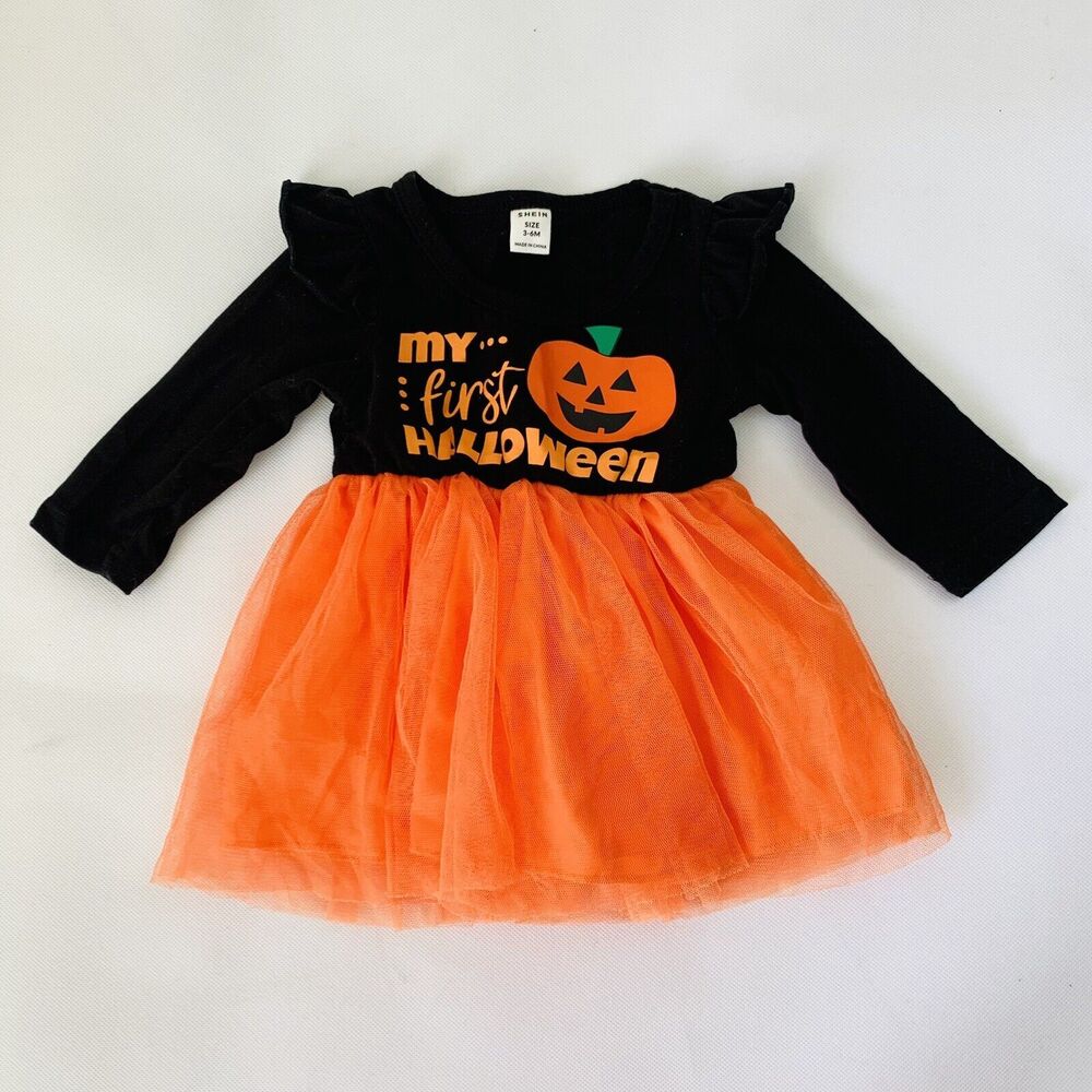 My First Halloween Dress Baby Girl 3-6 Months Black Orange Tutu One Piece Infant